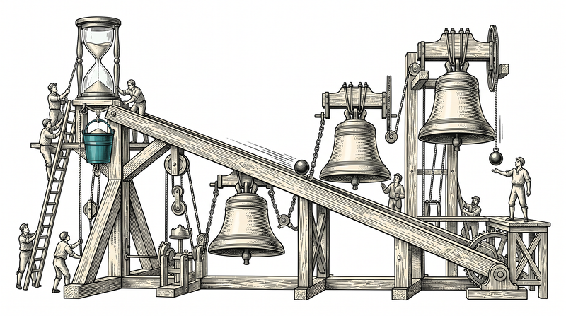 A weight sliding down a sloped beam strikes three bells hung at rising heights; the hourglass has drained at the top and the figure at the highest bell already has a hand out