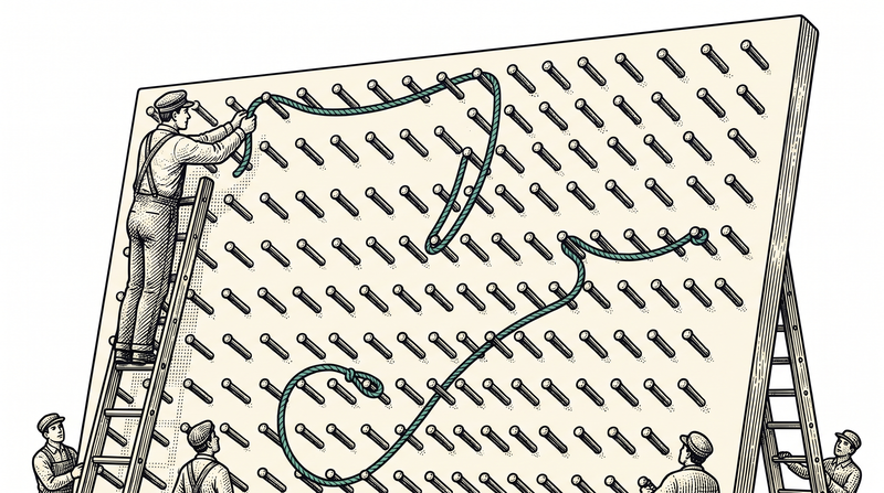 On a huge pegboard one single rope traces the branching route, and when the worker on the ladder moves it from one peg to another the whole path shifts