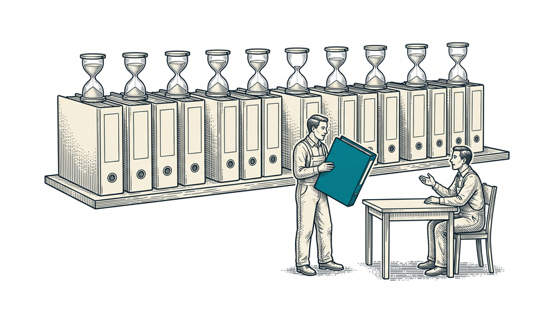 An hourglass stands on every folder on the shelf; the broker has drawn out the teal folder whose hourglass is nearly empty and is talking with the customer at the table