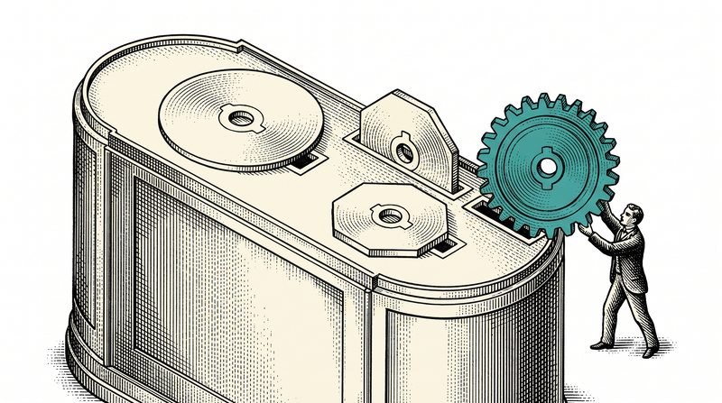Discs seated in the slots on top of a machine whose body stays completely closed; a worker lowers the teal disc into the last empty slot, with no panel opened and no tool in sight