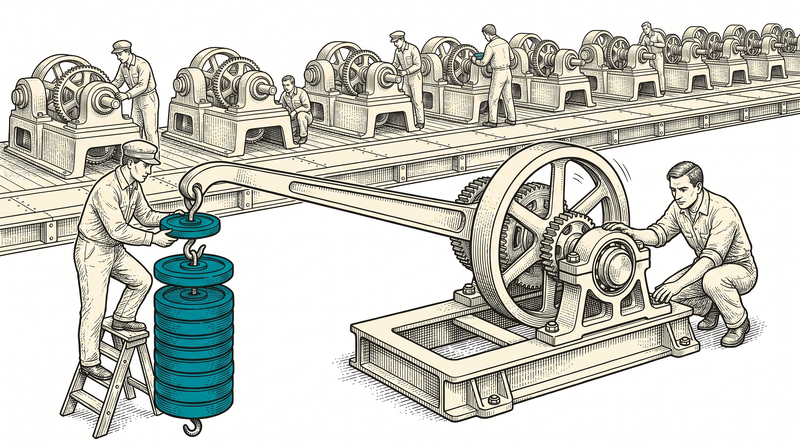 A machine bolted to a test bed turns under load; the teal disc weights hanging from its side arm have bent it, a figure on a step threads one more disc on while another feels the bearing with a hand, and behind them a row of the same machine is already at work in the finished line