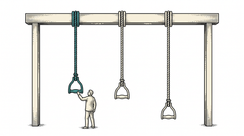 Three bell pulls of different lengths on one crossbeam; a worker has pulled the shortest, teal one taut while the other two hang slack