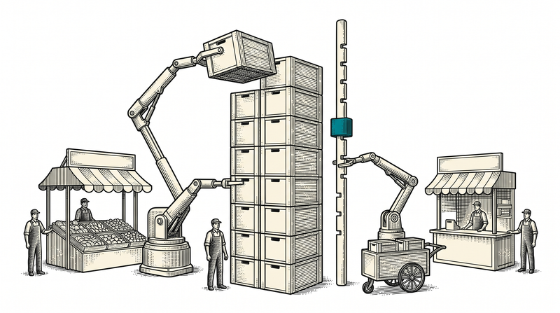 A market stall, a shop and a pushcart all reach to the same single stack of crates; as one lifts a crate off the top, the teal collar on the rod beside it slips down one notch