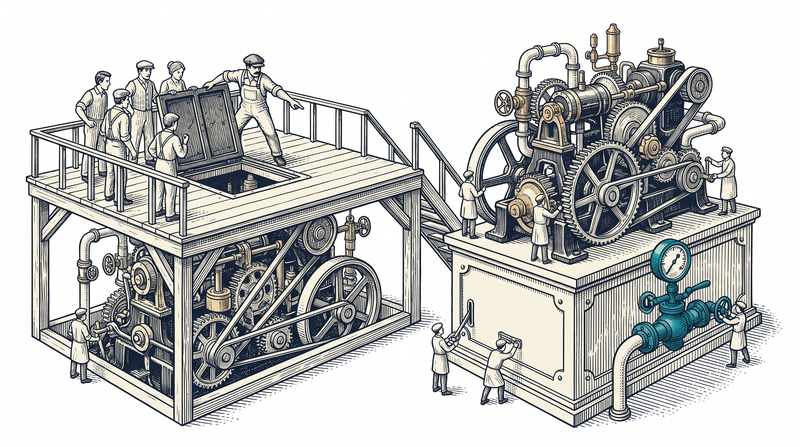 Figures on a raised platform have lifted a hatch in the floor and are looking down; the mechanism running beneath their feet is identical to the machine displayed on the pedestal beside them
