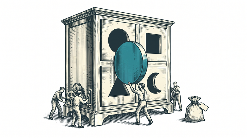 A cabinet whose every opening is cut to a distinct silhouette — a circle, a square, a triangle, a crescent; a figure fits a piece into the opening that matches it, while beside the cabinet one small sack of loose odds sits tied shut and kept apart