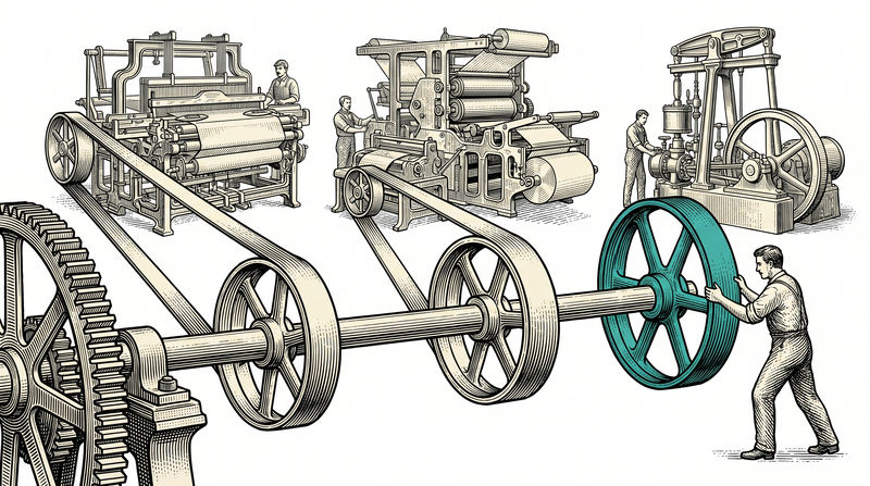 A fourth pulley is slid onto a shaft that keeps turning, adding a new connection without anything being stopped or dismantled