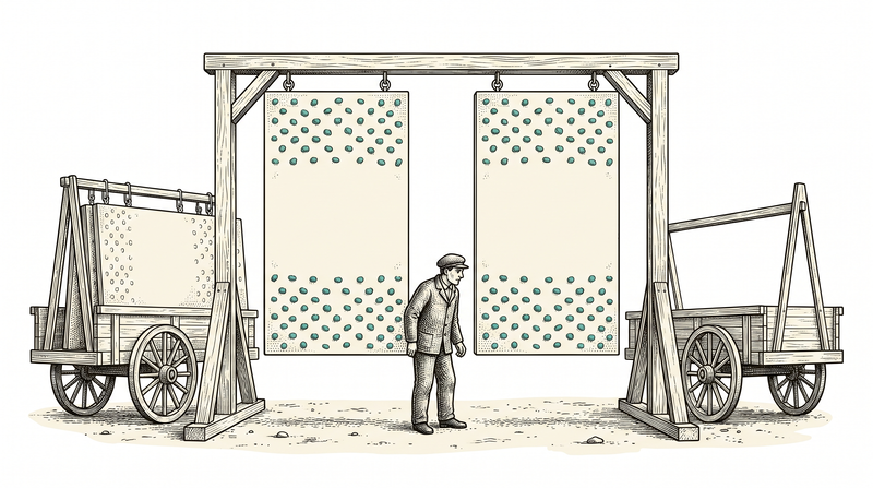 Two identical panels taken from two carts hang side by side; both are blank apart from teal raised bumps whose pattern matches exactly, and the worker between them compares by eye without touching either