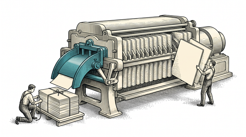One machine with a row of shaped filter plates across its front; a figure removes two of the plates and leaves the rest in place, a smaller and cleaner stack of sheets comes out the other side, and a second figure ties that stack into a parcel with a cord