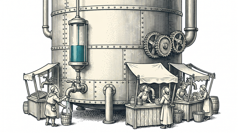 A giant riveted tank with a single teal level gauge on its side; taps around its base feed different market stalls, and as one figure fills a bucket every stall keeper is watching that same gauge