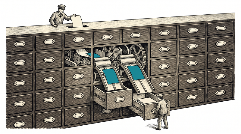A wall of identical drawers with completely blank label plates; a signed sheet dropped through the slot above splits, in cutaway, into two copies that slide into two separate drawers at once, and the figure pulling one open below finds the copy already there