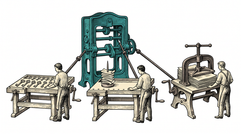 Three completely different benches — one laid with keys, one with a spike of slips, one with a press for folded sheets — each with its own crank and its own worker, yet the rods from all three meet in the same single teal frame