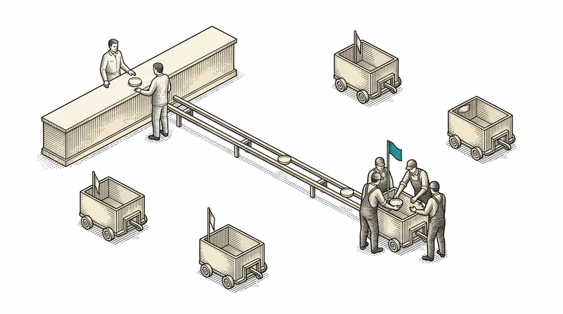 A rail carries the token left on the counter out to one of the carts in the field; that cart's teal flag has risen and its crew is taking the token while every other flag stays down, and the attendant at the counter sees them all without moving