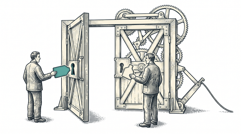 The gate has opened where the teal tag fits its slot, while it stays shut in front of the person holding a differently shaped tag, and a cord runs away from the gate to carry word