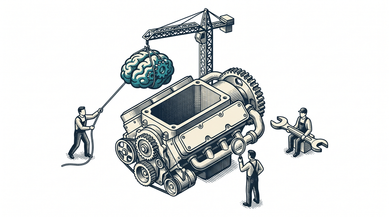 Brain module lowered by crane into an engine socket, guided by engineer figures