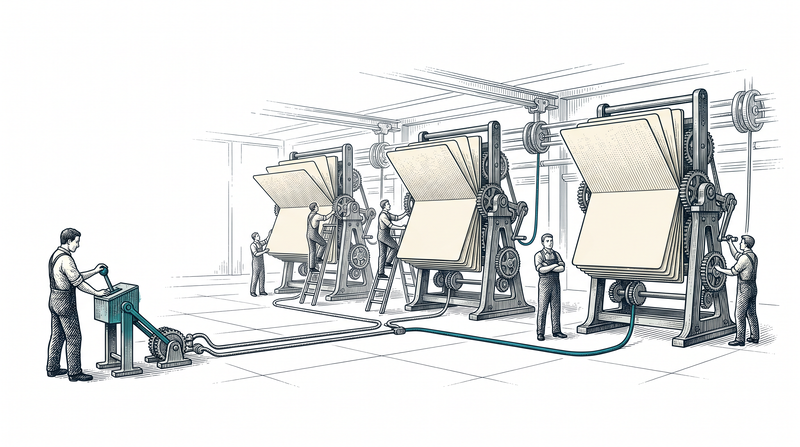 A figure presses the lever on a small box; in the same instant three large display stands across the room flip their front cards to the next one in perfect unison, while a fourth figure standing beside the stands has touched none of them