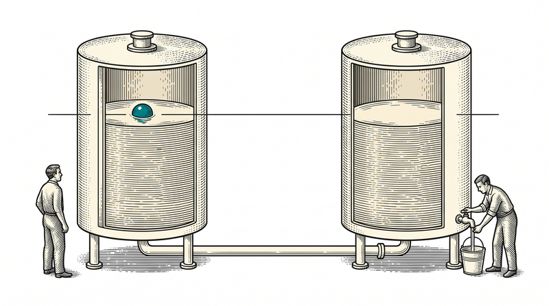 Two tanks joined by a single pipe at the base stand at the same level; a worker draws liquid from the far tank while another watches the teal float on the near one