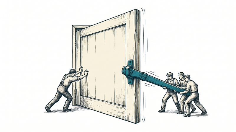 A huge door on its pivot: on one side a single figure strains against it alone and it has not moved at all, while on the other three figures walk a long lever fitted to the same door and it swings clearly open