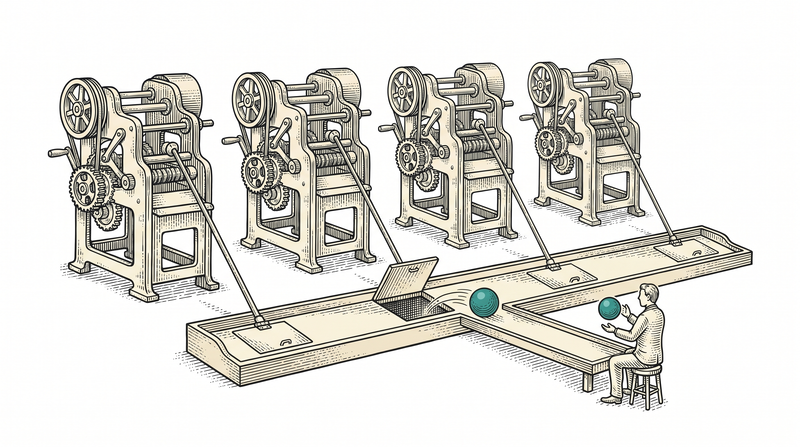 Each of four machines is linked by a rod to its own hatch; only the stopped one has fallen open, letting a single teal ball roll down the sloping tray into the seated worker's open hand while the other hatches stay shut