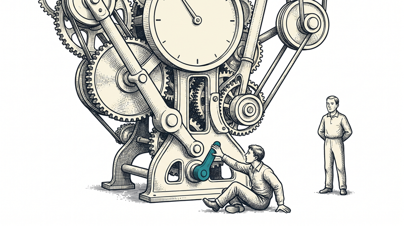 A figure seated at a machine reaching for a lever while a second stands back with hands behind their back, watching without stepping in