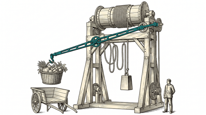 The rope still wound on the drum shows the time left and the unwound slack the time passed, while the bar keeps the full basket away from the cart and the worker waits