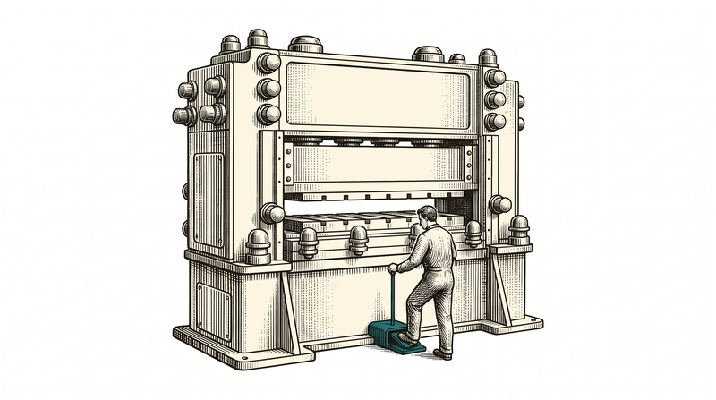 Every adjusting spindle on the machine has been run home and capped; the worker only presses the foot pedal, with no spanner or gauge in sight