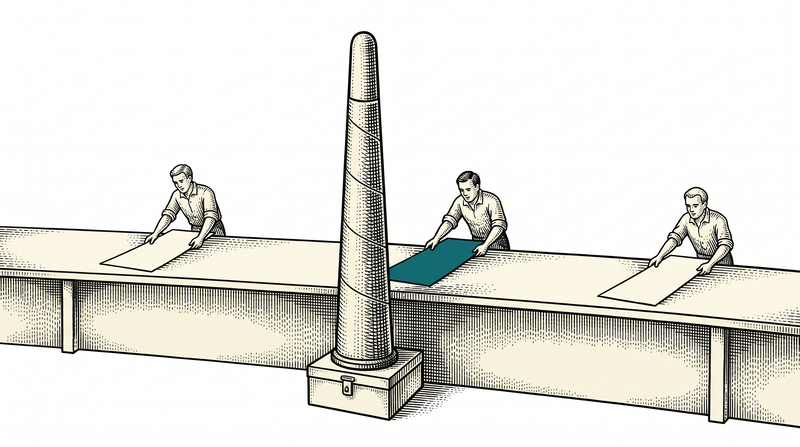 Three separate workers feed their slips to the single spindle in the middle of a counter that spans the whole frame; the teal one is being pushed now, and a closed box sits at the spindle's foot, put there earlier