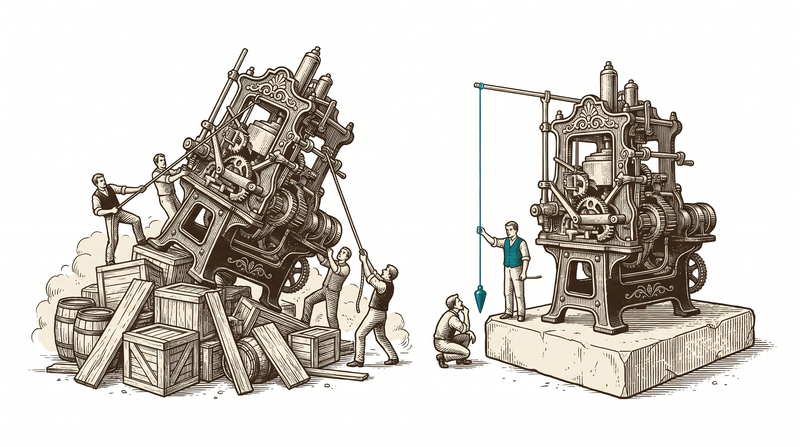 Two foundations side by side: on the left a heavy machine tilts on a stack of loose crates and boards while workers strain at ropes; on the right the same machine sits level on one cut stone slab as a figure checks it with a teal plumb line