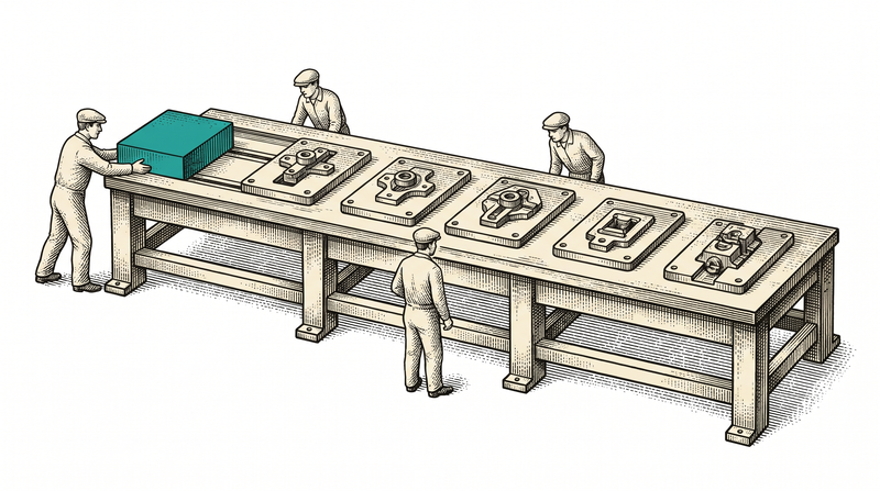 Six separate stations are cut into the surface of one bench, each already holding its own fitting, and the block passes through all six without ever being lifted