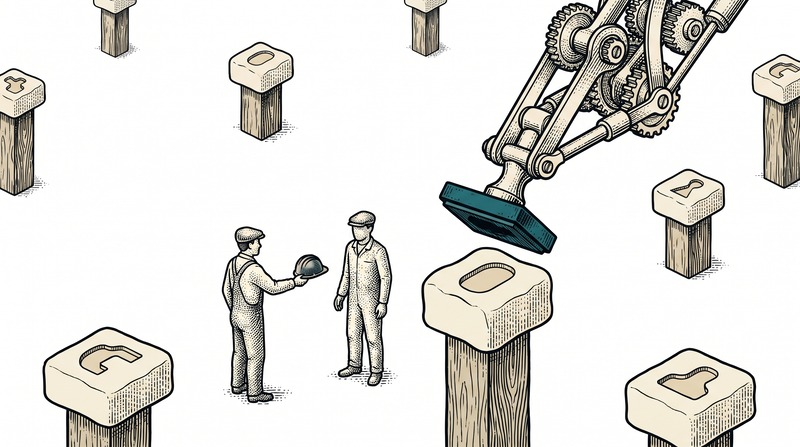 As a hard hat passes from hand to hand the arm beside it presses the teal seal into the block on its post; every post around carries the mark of its own event, and nothing is carried off to an office