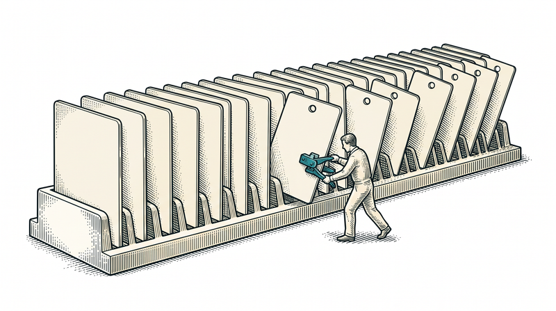 Identical blank cards standing in slots while a worker punches them one by one with a teal punch, the punched ones leaning forward and the untouched ones standing straight