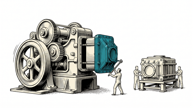 A worker unbolting a teal module from the flank of a machine whose flywheel keeps turning and whose body is never opened, with a second module of the same mounting waiting nearby
