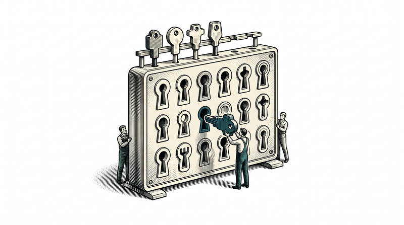 A single panel standing alone on bare white ground, its face carrying a row of keyholes each cut to a different shape; a figure fits the matching key into one of them, while a rack along the panel's top edge holds several keys already seated, each a different form