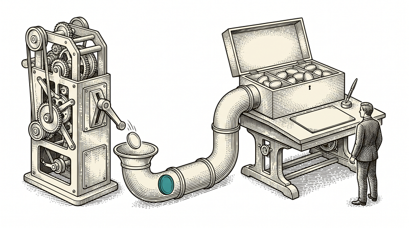 A machine's lever drops a token into a pipe that carries it to an open box on a writing desk; the figure at the desk stands with hands at their sides, the pen and the blank writing board untouched