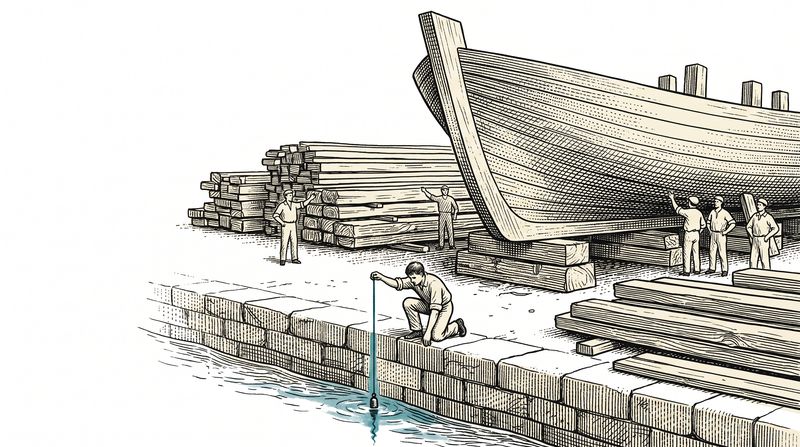 A figure kneeling at a quay edge lowering a plumb line into the water, with an untouched keel on blocks and stacked timbers behind them