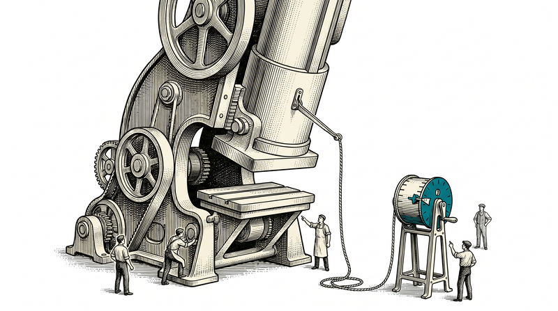A slim sensing arm resting on a press ram, with a corded teal tally drum that has advanced one notch while the press itself stays untouched