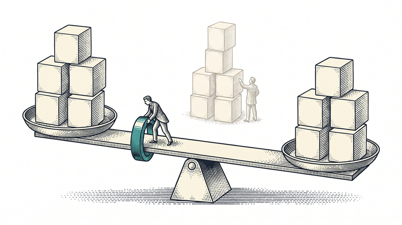 Two nearly equal stacks of blocks on the pans of a giant balance; a figure on the beam slides a teal weight to mark the difference, while a third fainter stack stands behind for comparison