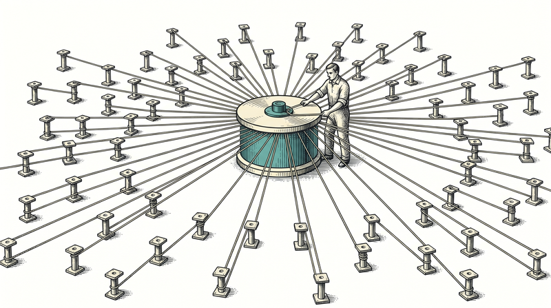 Dozens of posts scattered far apart, each with a cord running back to the single teal drum at the centre where one worker holds them all within reach — not a post without its cord, not a cord broken