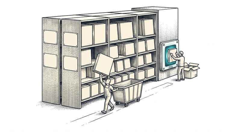 A tall warehouse aisle: a figure follows the marked path on the floor pulling a cart and lifts one item from a shelf, while at the end of the aisle a second figure presses each item against a reader plate before it is allowed into the shipping box