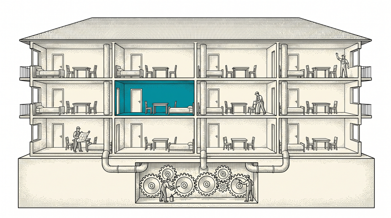 Cross-section of a three-storey block four units wide where every unit has exactly the same layout; one figure carries a floor plan, one sets a chair in place, one waves from a balcony, and below, in the shared machine room cut into the single slab carrying the whole building, two figures grease the gears while ducts rise into every unit