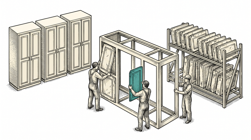 Three ready-made cabinets stand closed and untouched to one side; in the middle a bare frame is being built up as three workers fit worn, already-used panels into it one by one from the rack beside them