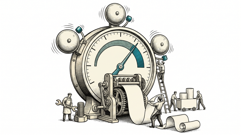 The needle of a giant gauge has just crossed into the marked band; at that exact moment three separate bell arms set around the dial strike at once, and below them a figure tears off the blank strip the machine has produced by itself