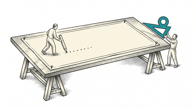 A long drafting table on trestles with a large blank plan sheet pinned to it; a figure walks its length pressing plain markers onto the sheet while a second figure at the far end holds up a tool of a different shape