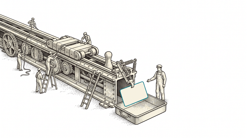 A slider tipping a peg on a rail so an arm drops a blank card into a tray, with a figure standing by, hand out but touching nothing