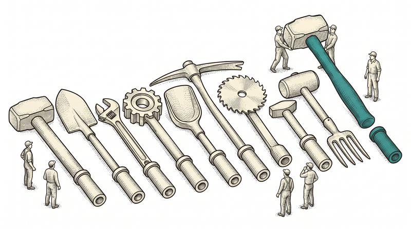 Nine differently shaped tool heads all ending in the same socket, and the single handle being carried fits every one of them