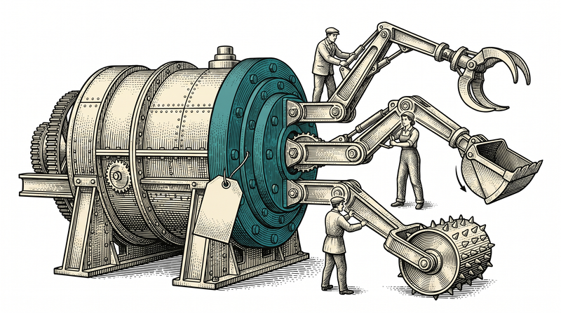Three completely different arms — a grab, a bucket and a spiked drum — all bolted into the same teal hub on the flank of one single machine, with one blank tag hanging from that hub and three workers each working their own arm