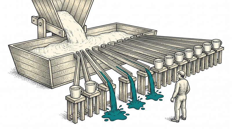 One load tipped into the trough divides evenly through identical channels to fill every cup to the same level; at three places the cup is missing from its stand so the flow spills onto the ground, and the worker has turned toward those three