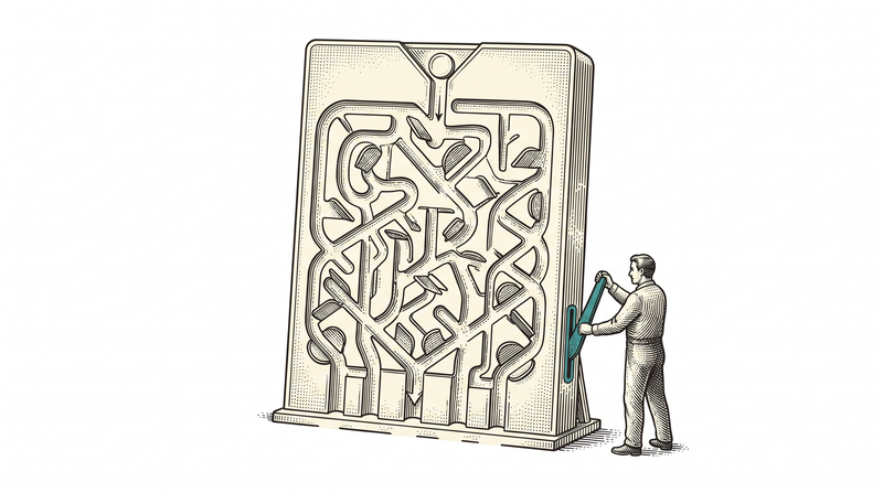 A single board with a network of grooves cut into its face; a token released at the top runs past the flaps to one of the exits below, and when the worker turns the one teal lever every flap swings at the same moment