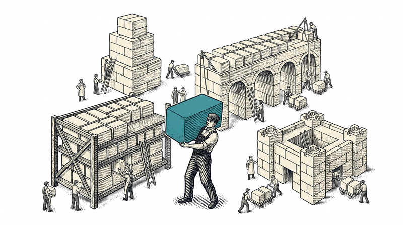 Three completely different structures built from the standard blocks of one rack, with a worker carrying a block over and nobody cutting or shaping anything