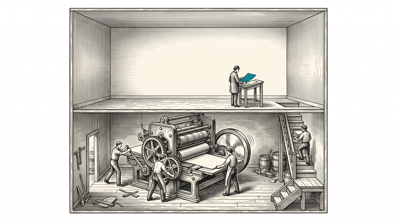 A two-floor building in cutaway: workers at a press below, a single visitor picking up a finished sheet in a bare hall above