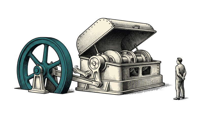 The machine under its raised cover is not running at all; beside it the teal wheel turns by itself, pressing a lever that lifts the cover a little and lets it settle — the worker watches without touching anything, and nothing is dismantled or broken